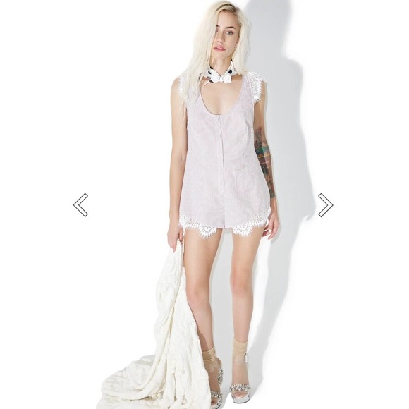 For Love & Lemons Emmy Sleep Romper Brown Seersucker and Lace Size Small - Picture 5 of 16